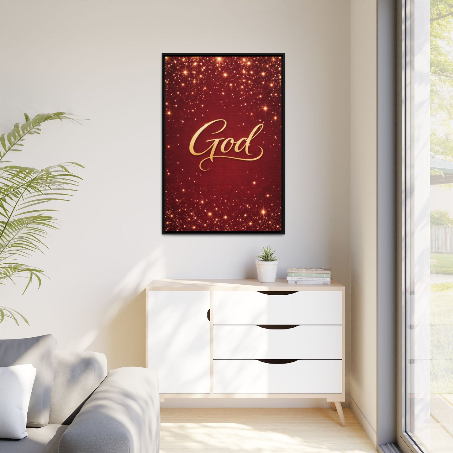 Framed Canvas Wall Art - "God" Gold Script on Red Sparkle Background