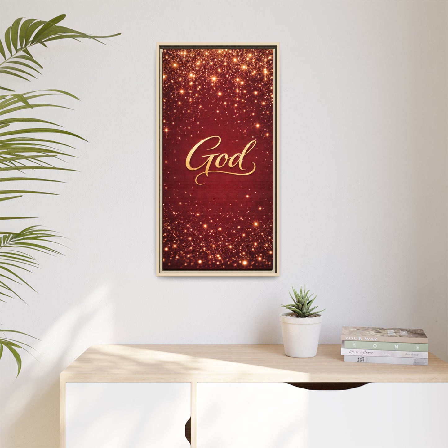 Framed Canvas Wall Art - "God" Gold Script on Red Sparkle Background