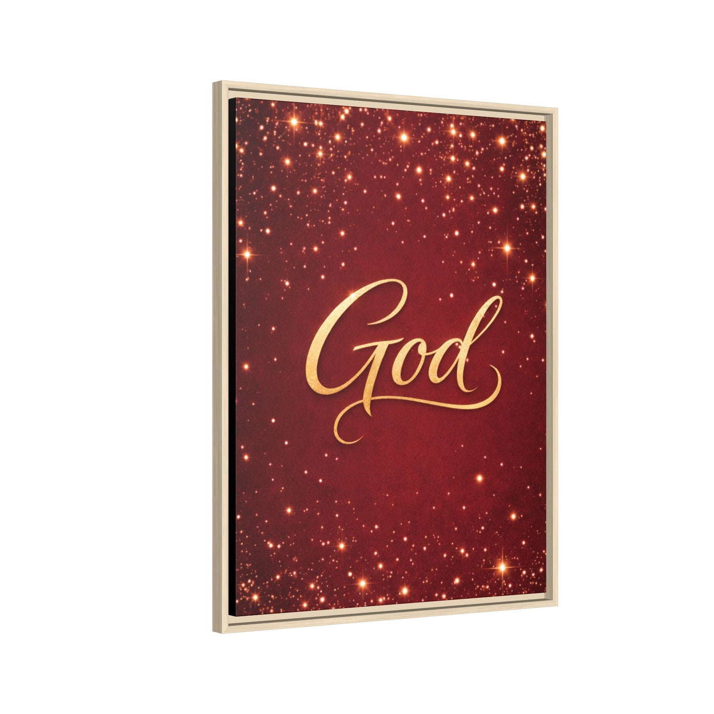 Framed Canvas Wall Art - "God" Gold Script on Red Sparkle Background
