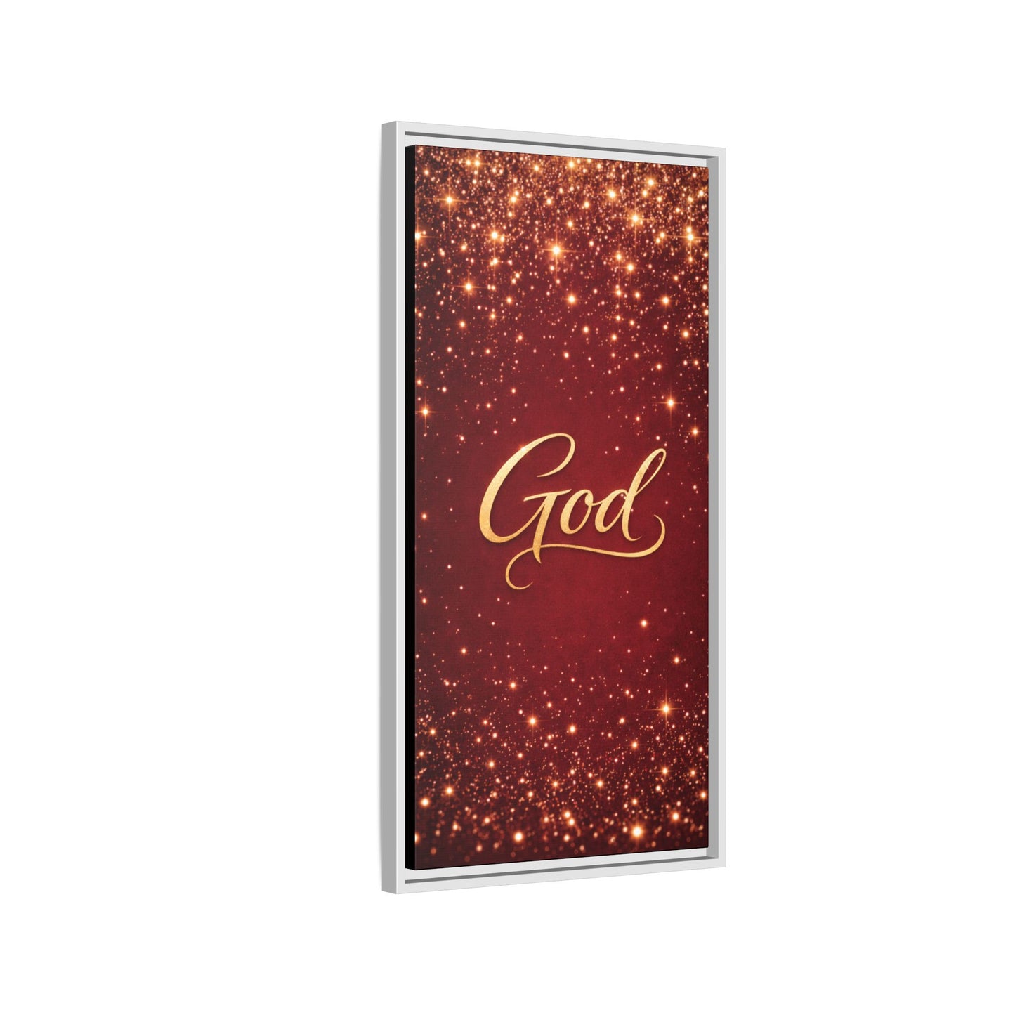 Framed Canvas Wall Art - "God" Gold Script on Red Sparkle Background