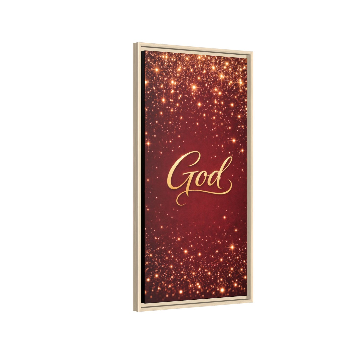 Framed Canvas Wall Art - "God" Gold Script on Red Sparkle Background