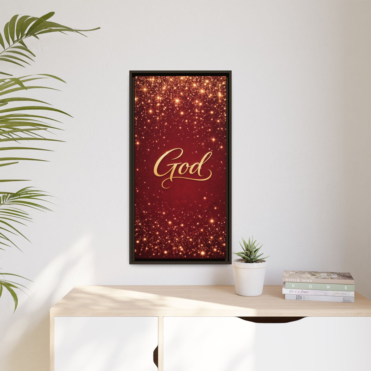 Framed Canvas Wall Art - "God" Gold Script on Red Sparkle Background