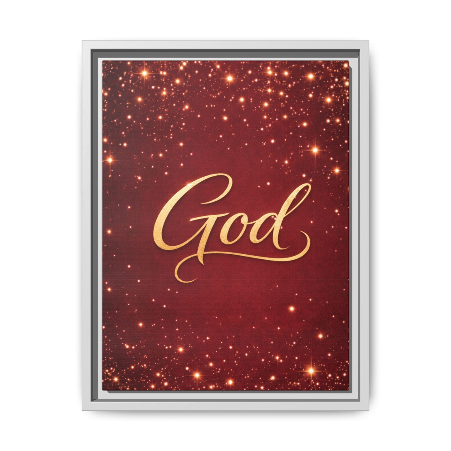 Framed Canvas Wall Art - "God" Gold Script on Red Sparkle Background