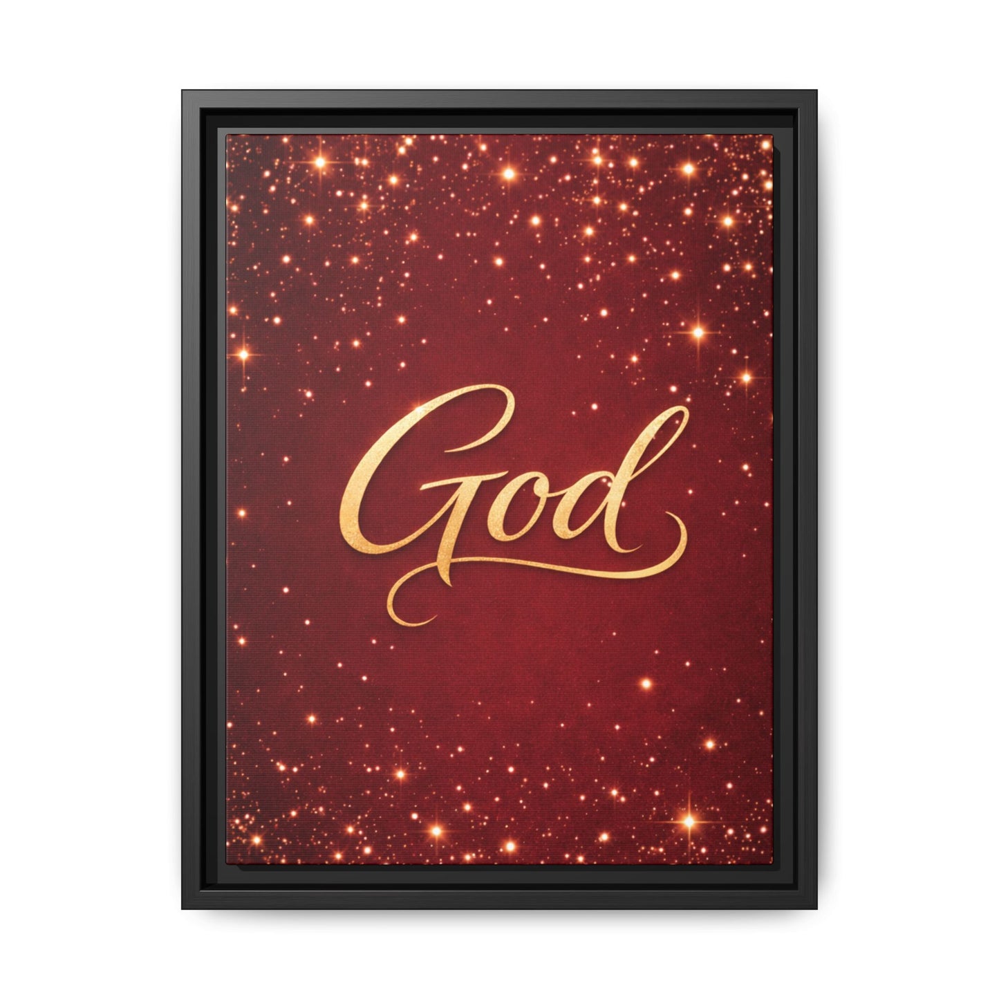 Framed Canvas Wall Art - "God" Gold Script on Red Sparkle Background