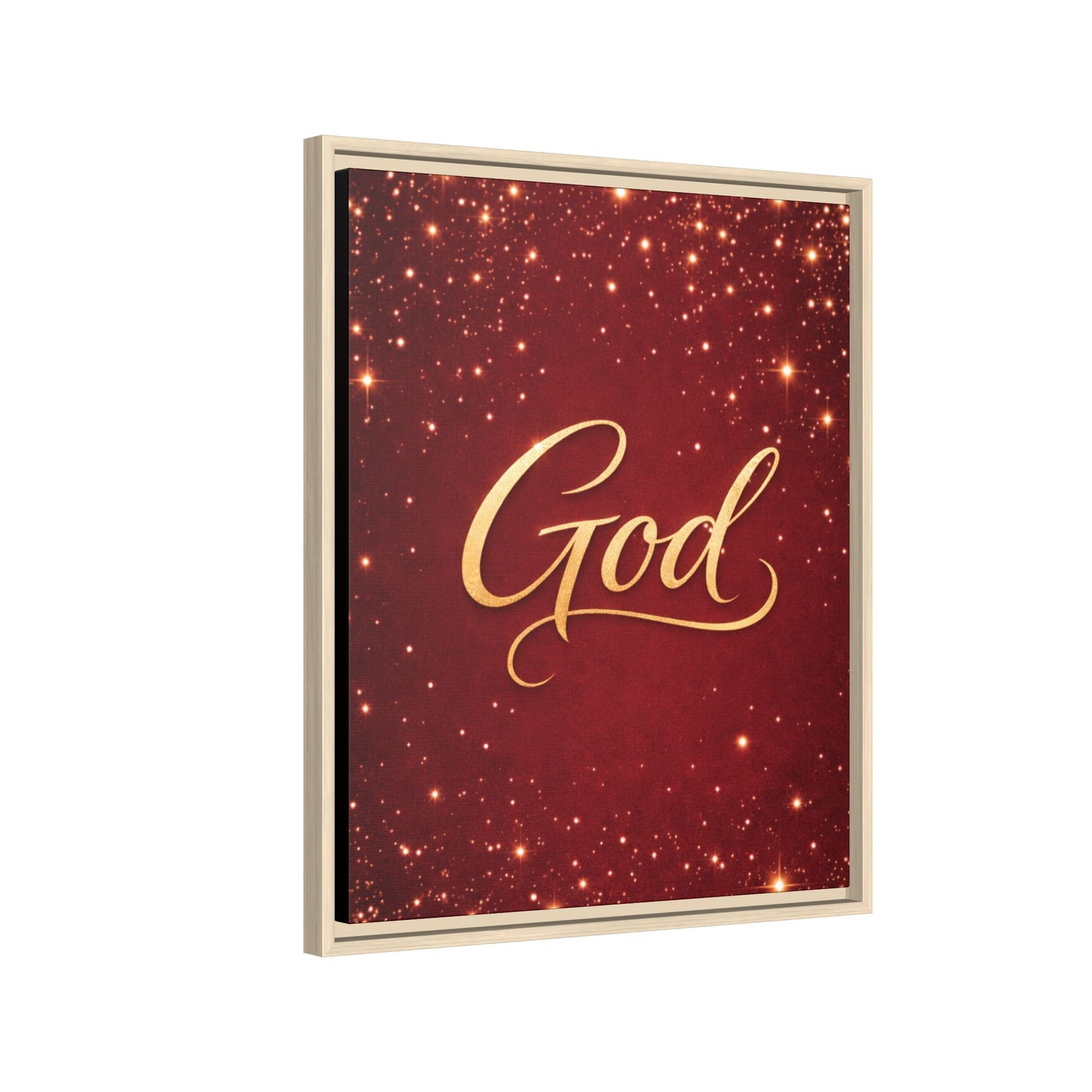 Framed Canvas Wall Art - "God" Gold Script on Red Sparkle Background