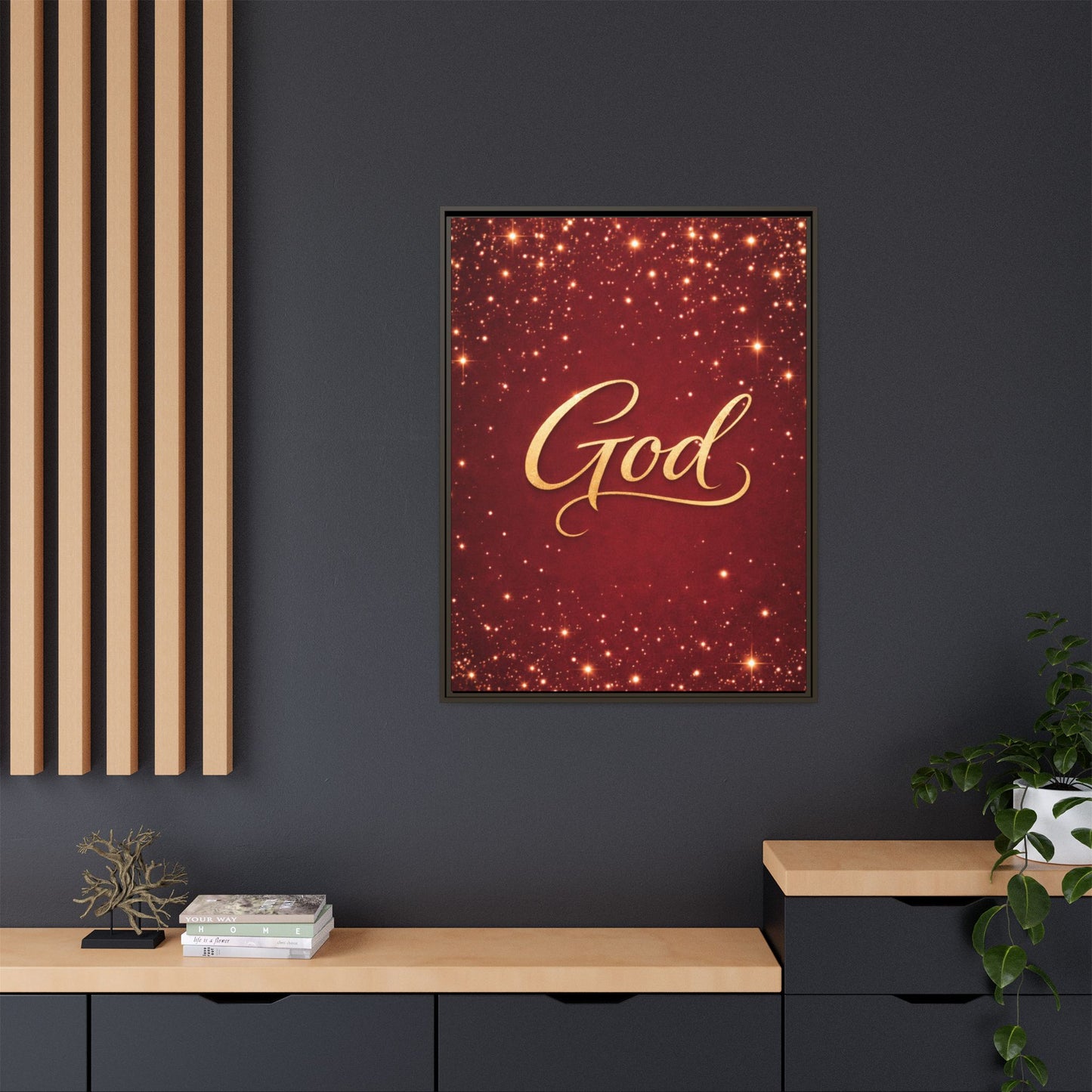 Framed Canvas Wall Art - "God" Gold Script on Red Sparkle Background