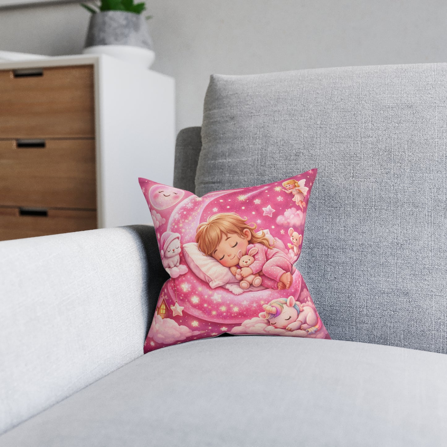 Sleeping Girl on Moon Pillow | Pink Nursery Decorative Pillow