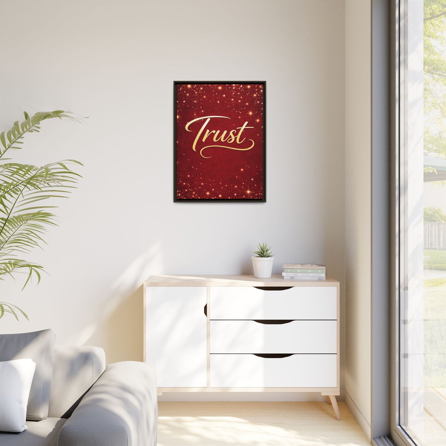 Trust Framed Canvas Wall Art — Gold Script on Sparkling Red Matte