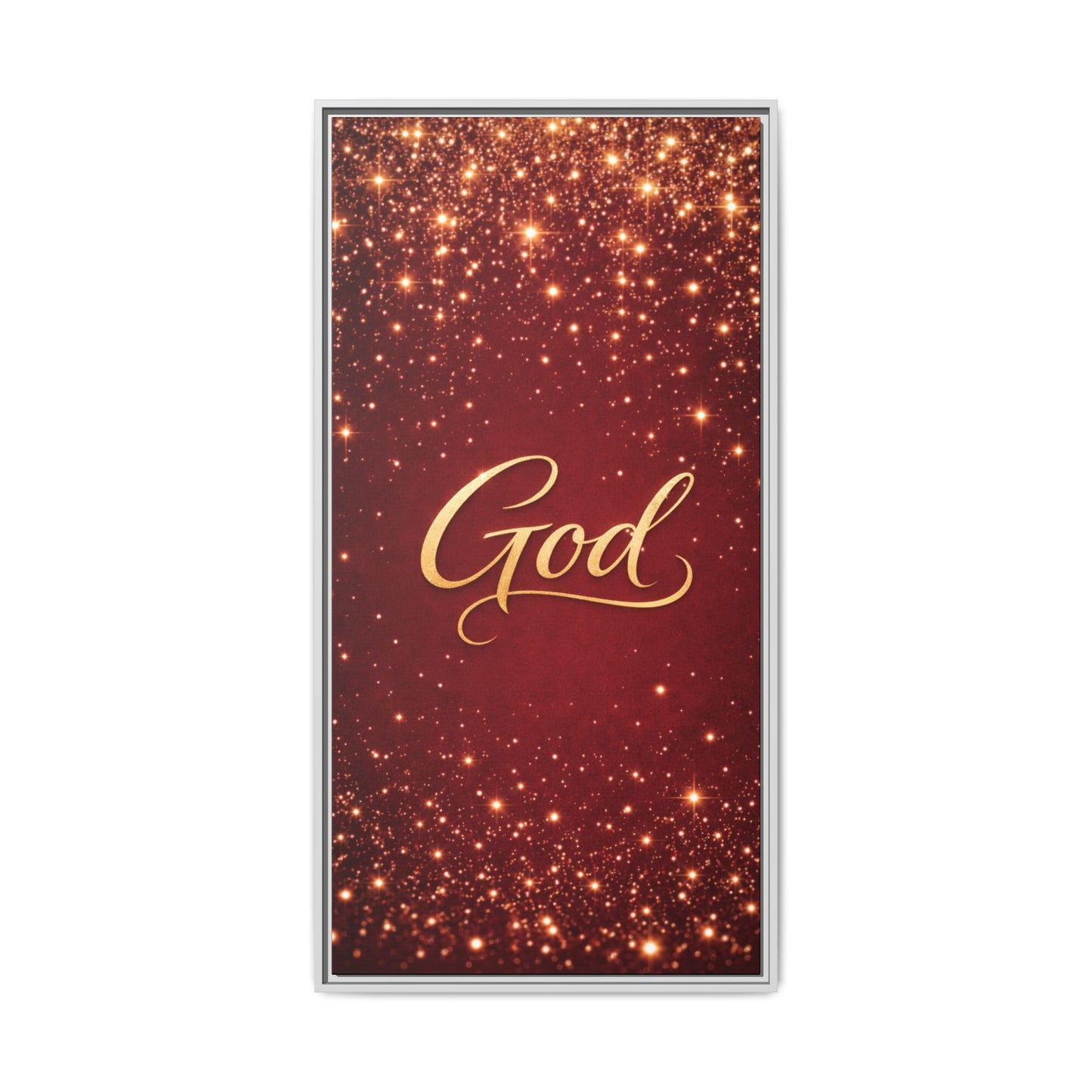 Framed Canvas Wall Art - "God" Gold Script on Red Sparkle Background