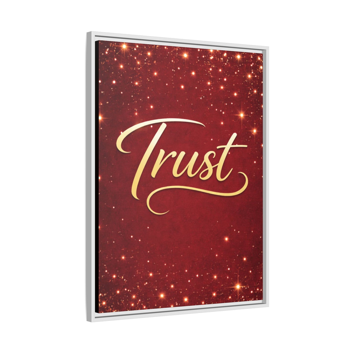 Trust Framed Canvas Wall Art — Gold Script on Sparkling Red Matte