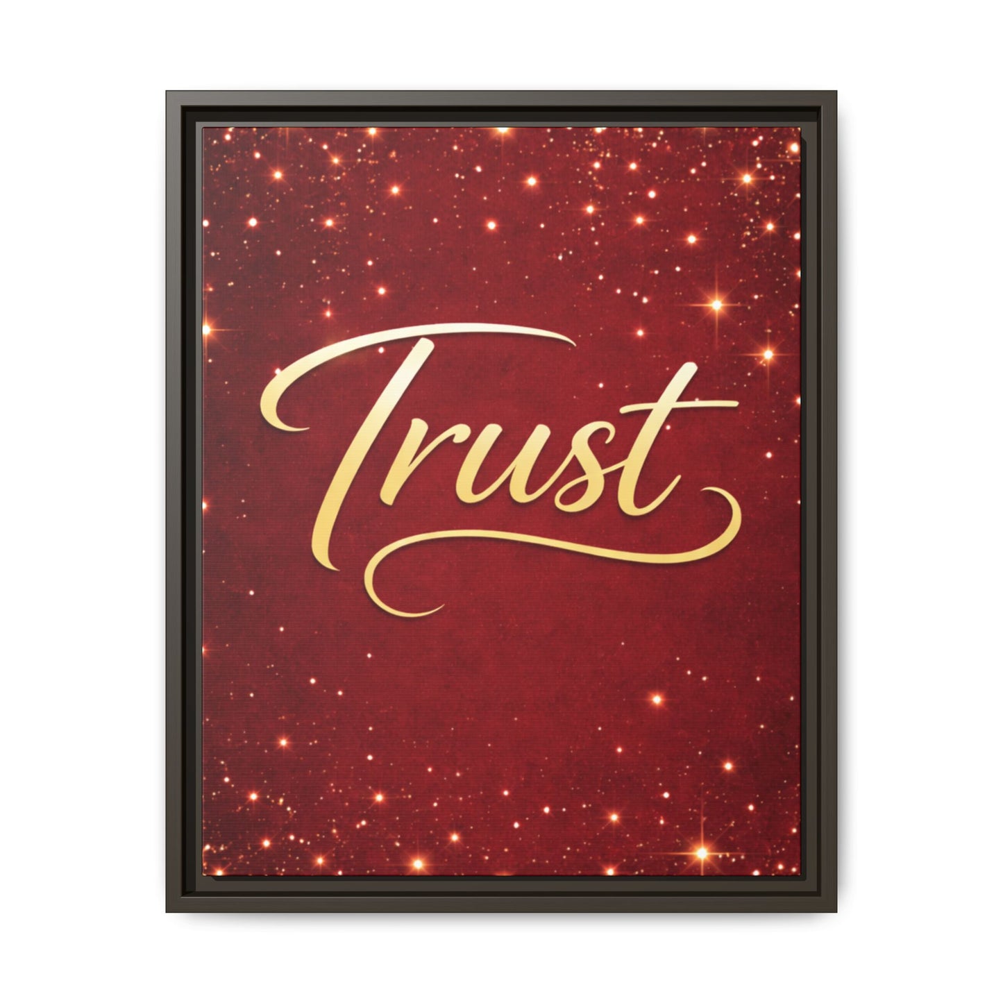 Trust Framed Canvas Wall Art — Gold Script on Sparkling Red Matte