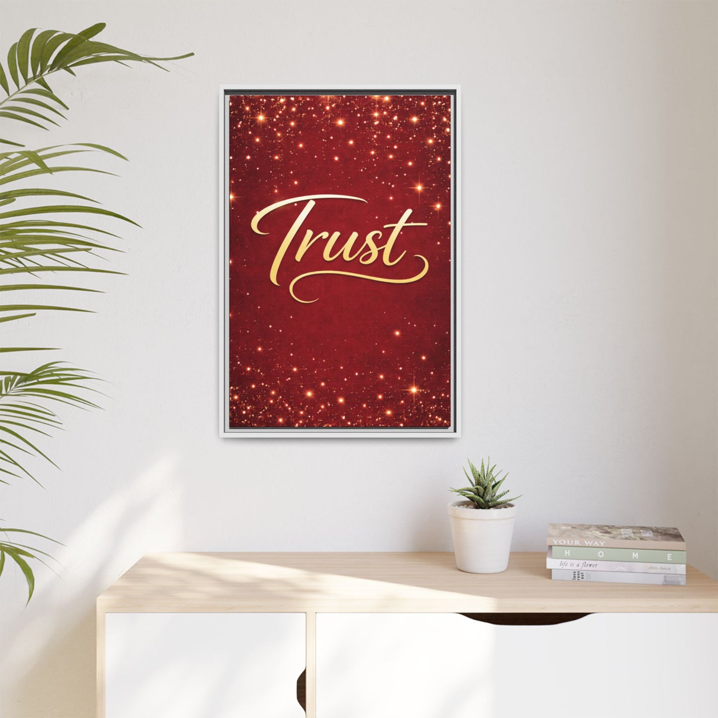 Trust Framed Canvas Wall Art — Gold Script on Sparkling Red Matte