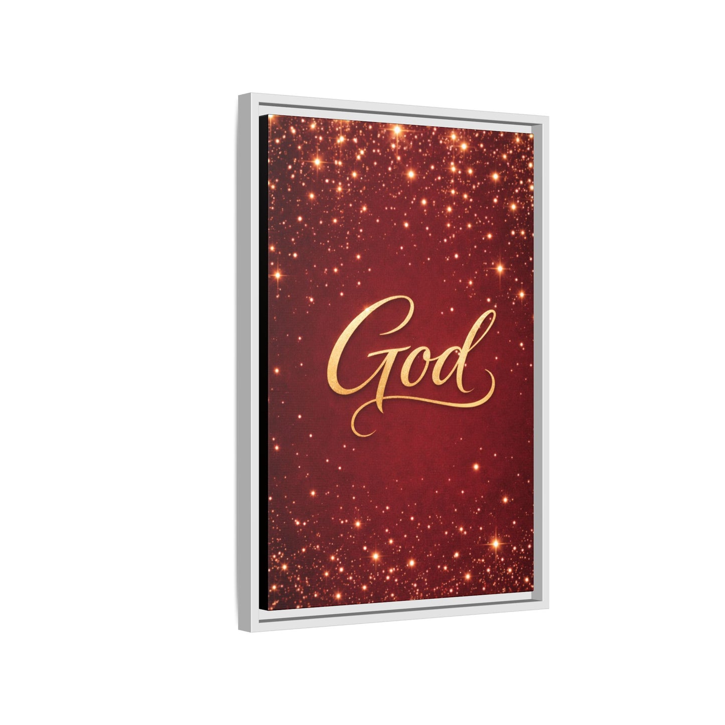 Framed Canvas Wall Art - "God" Gold Script on Red Sparkle Background