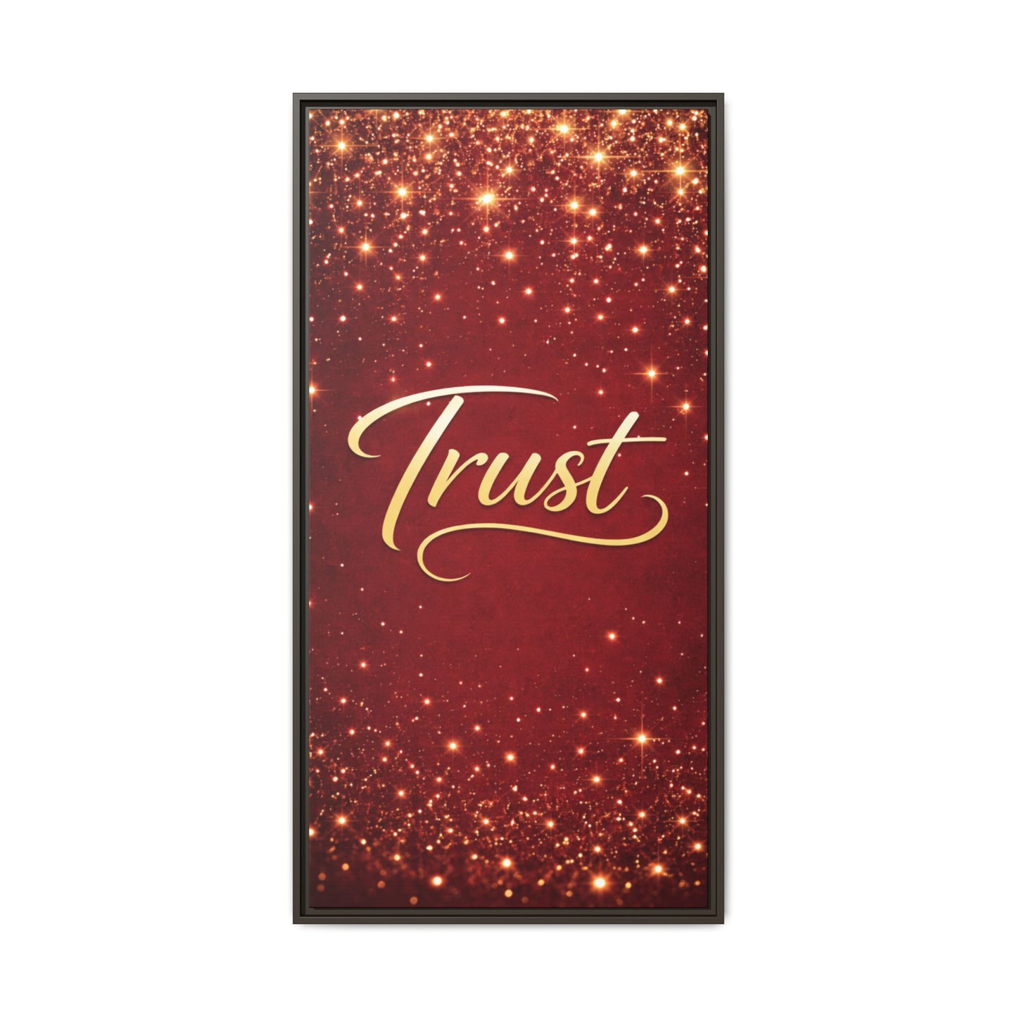 Trust Framed Canvas Wall Art — Gold Script on Sparkling Red Matte
