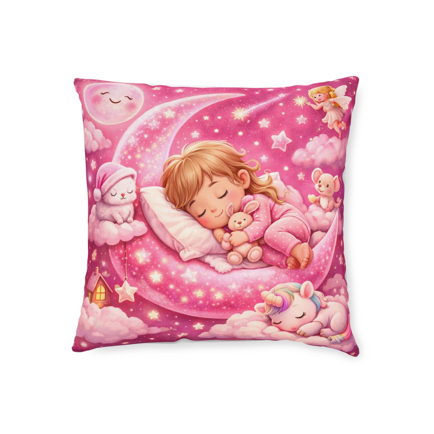 Sleeping Girl on Moon Pillow | Pink Nursery Decorative Pillow