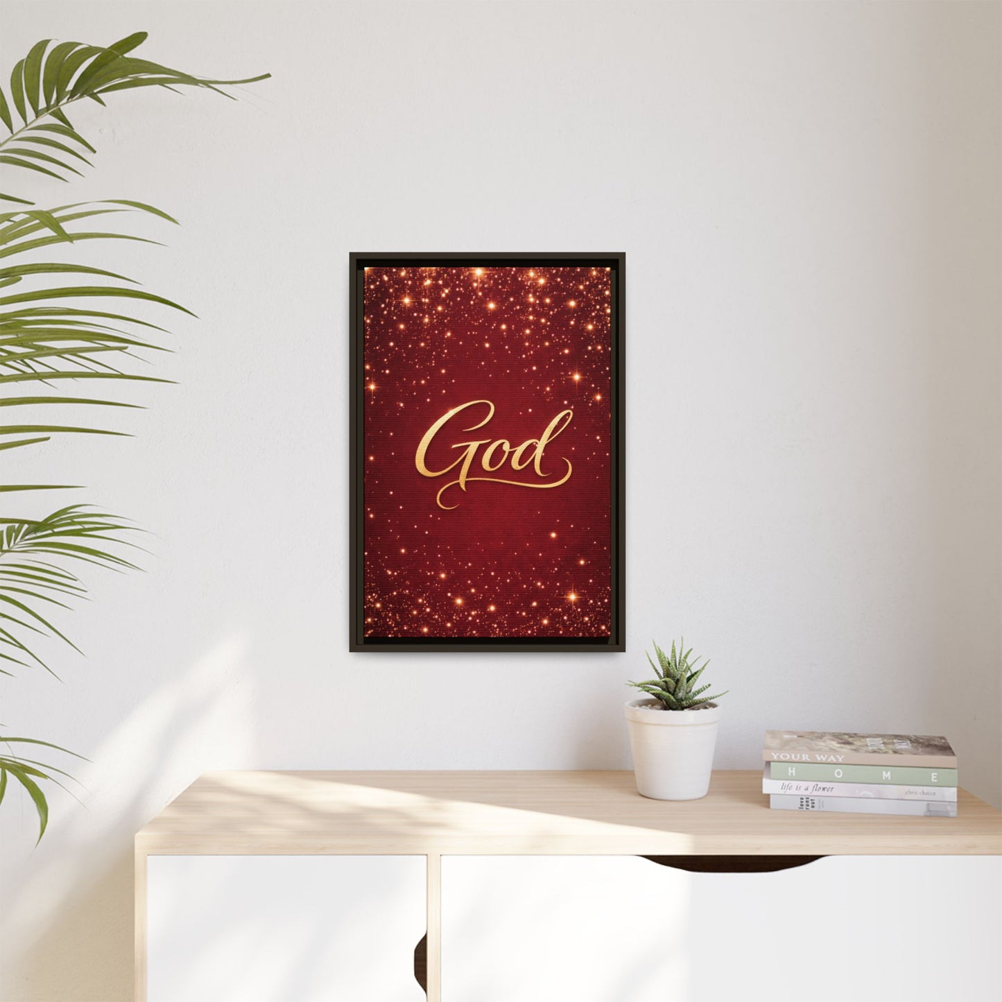 Framed Canvas Wall Art - "God" Gold Script on Red Sparkle Background