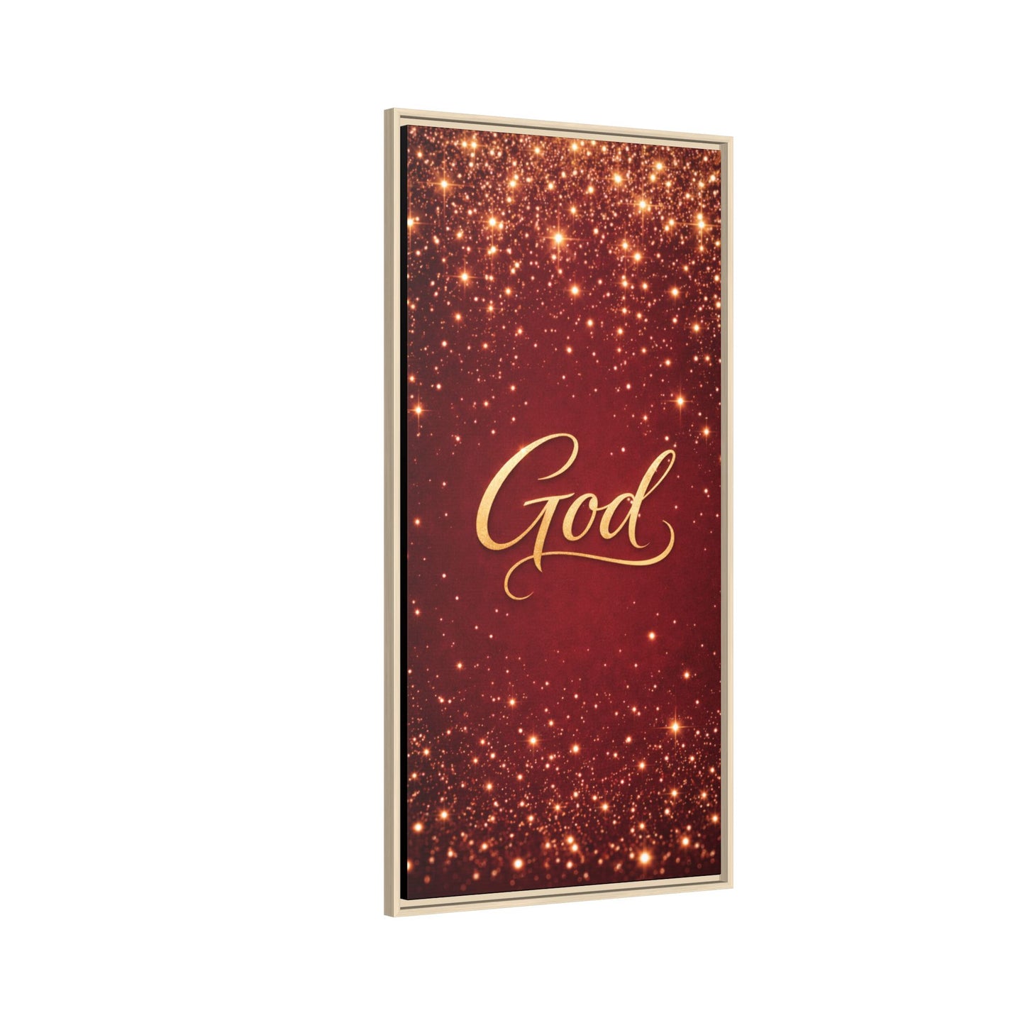 Framed Canvas Wall Art - "God" Gold Script on Red Sparkle Background