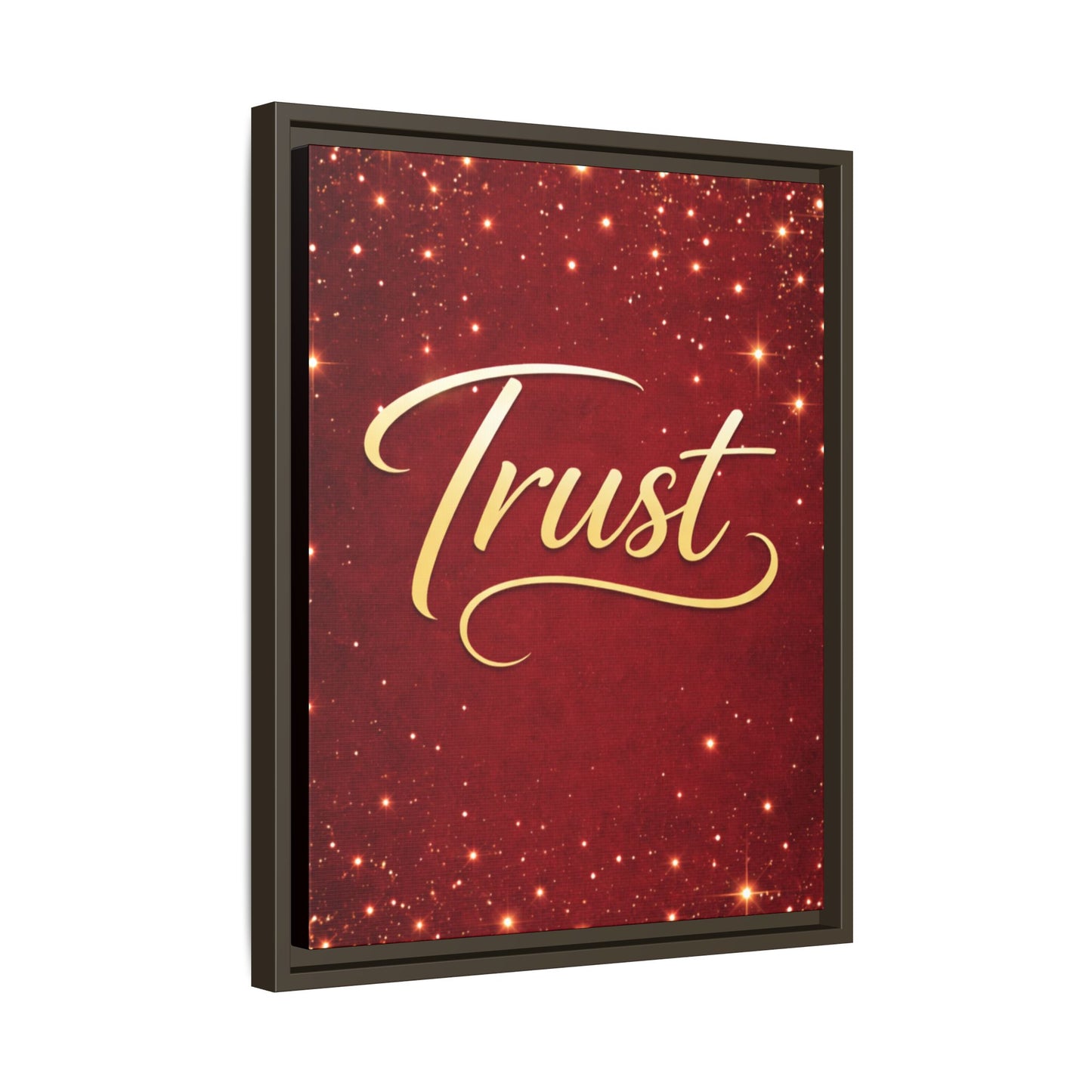 Trust Framed Canvas Wall Art — Gold Script on Sparkling Red Matte