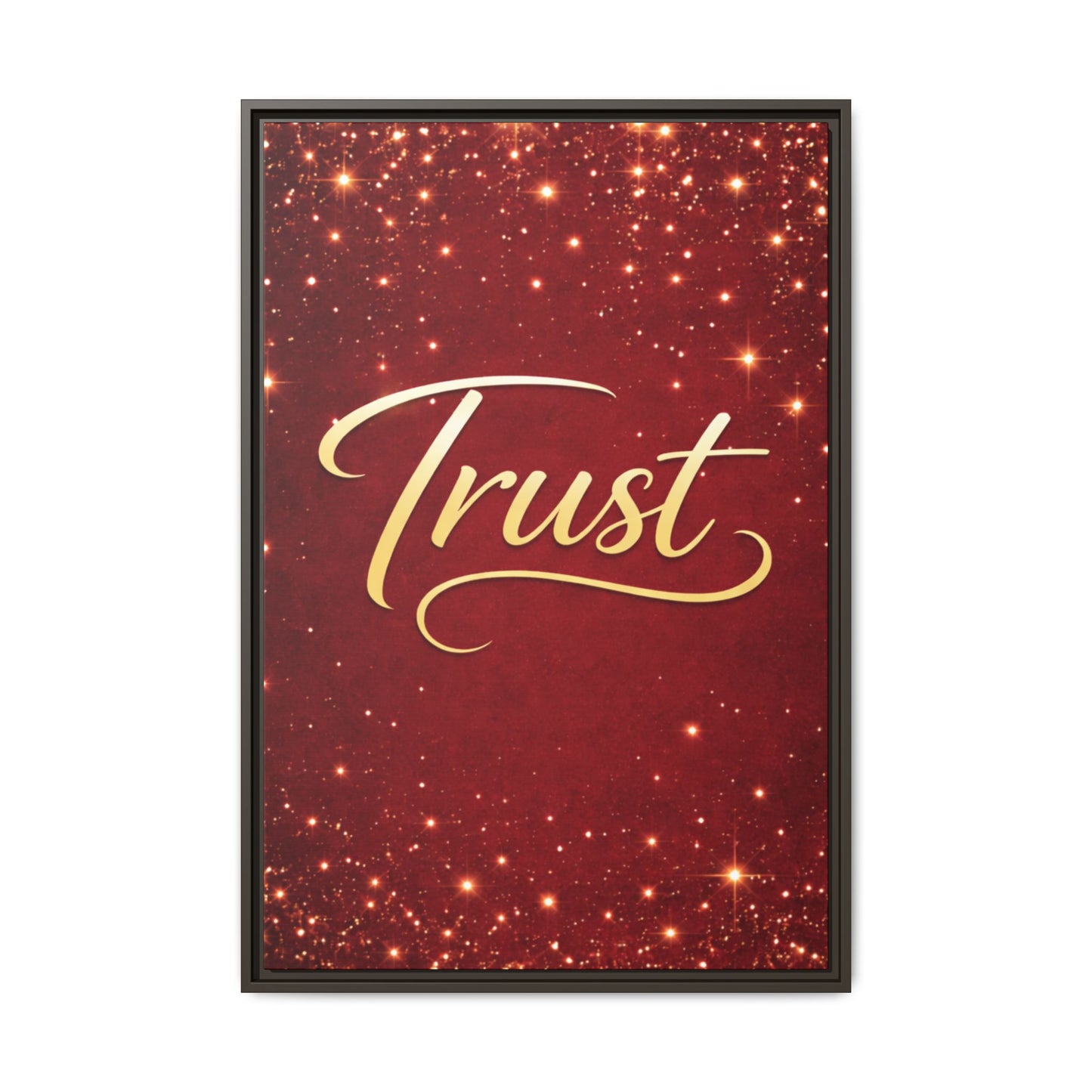 Trust Framed Canvas Wall Art — Gold Script on Sparkling Red Matte