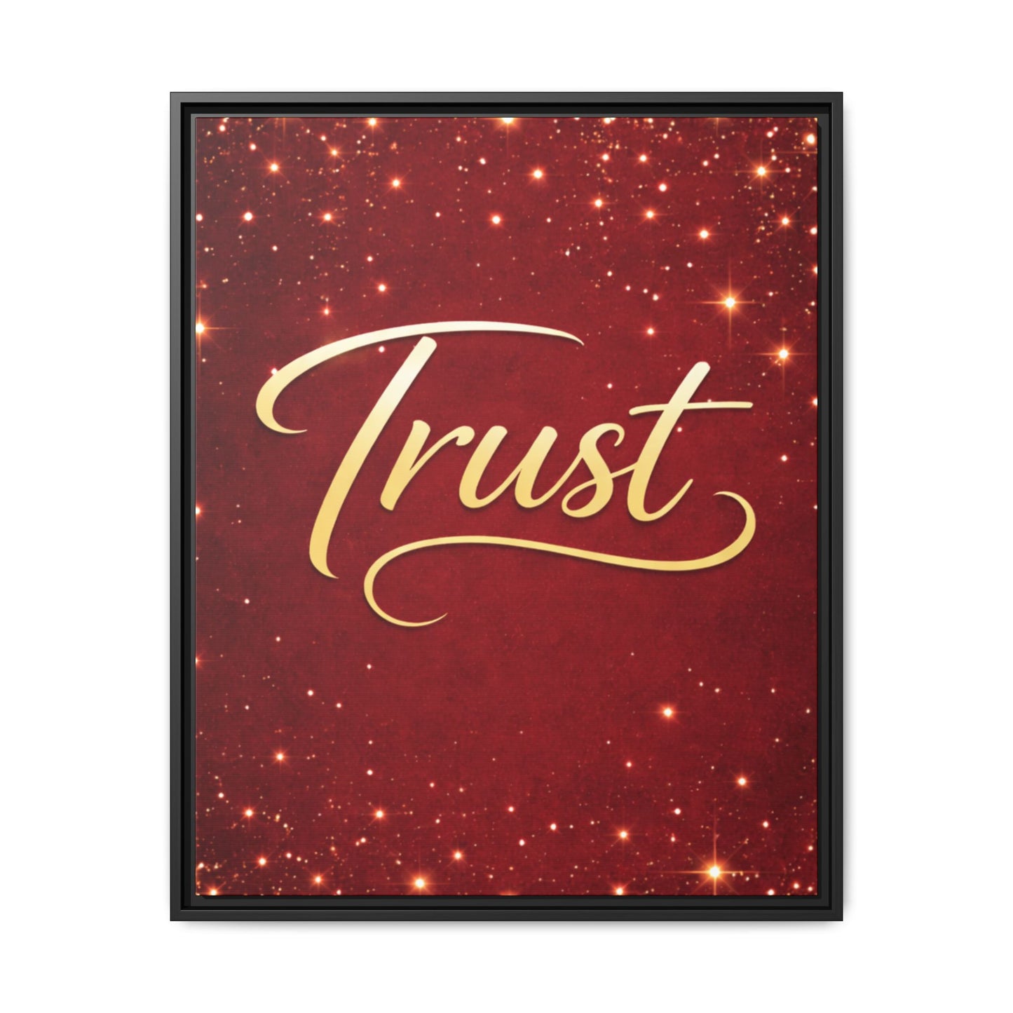 Trust Framed Canvas Wall Art — Gold Script on Sparkling Red Matte