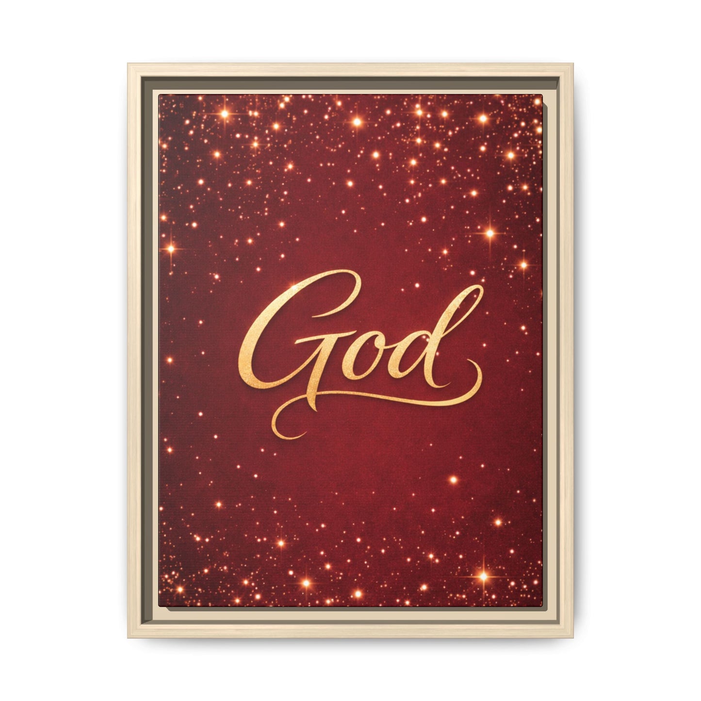 Framed Canvas Wall Art - "God" Gold Script on Red Sparkle Background