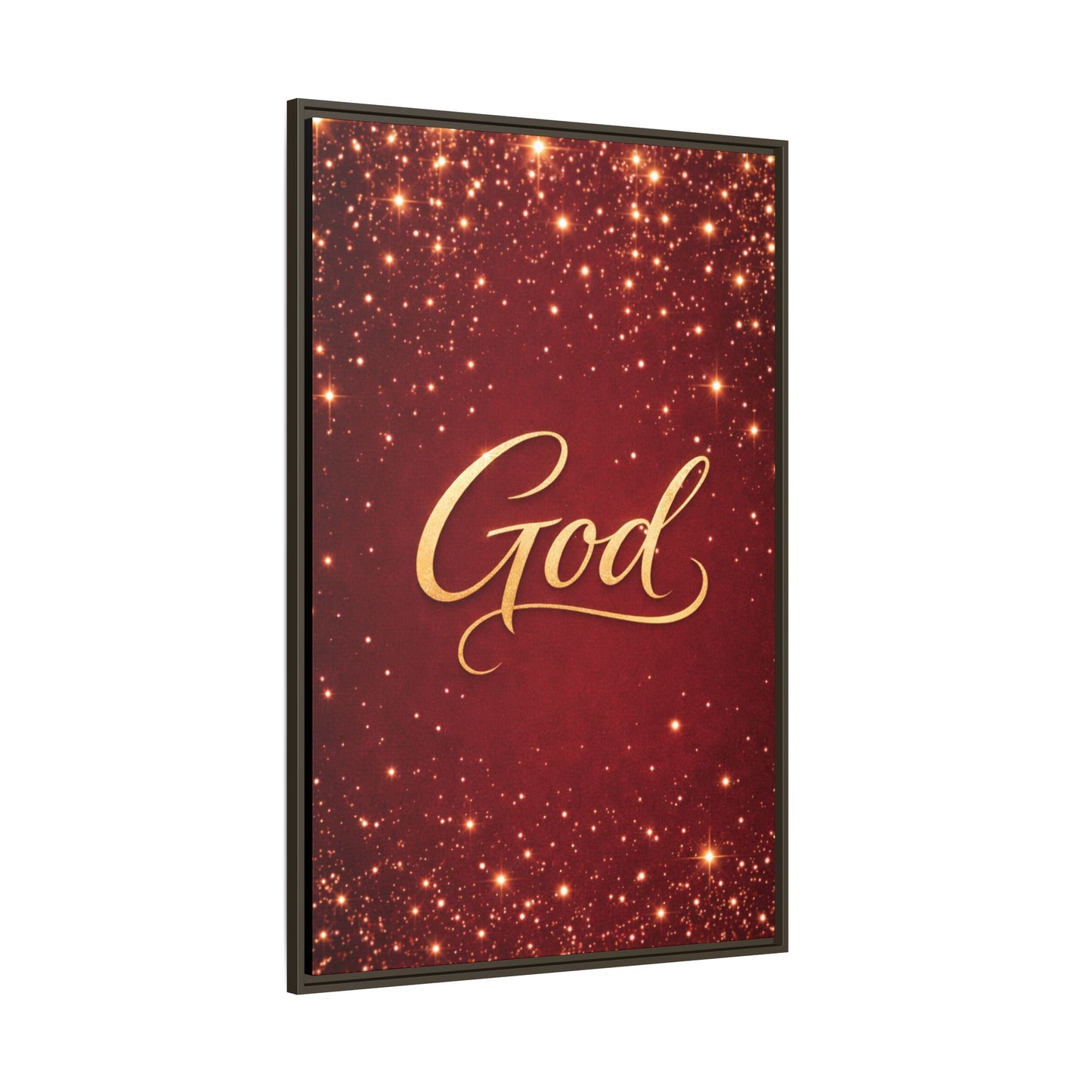 Framed Canvas Wall Art - "God" Gold Script on Red Sparkle Background