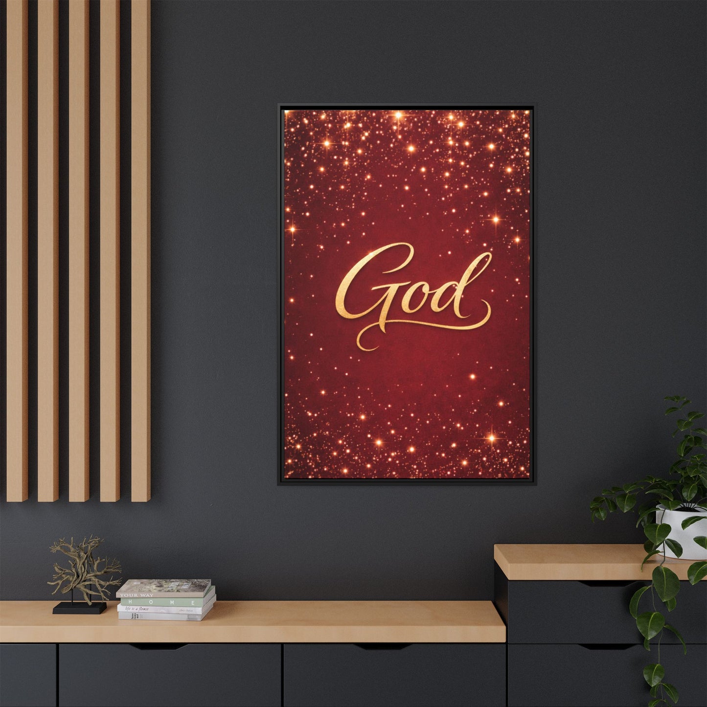 Framed Canvas Wall Art - "God" Gold Script on Red Sparkle Background