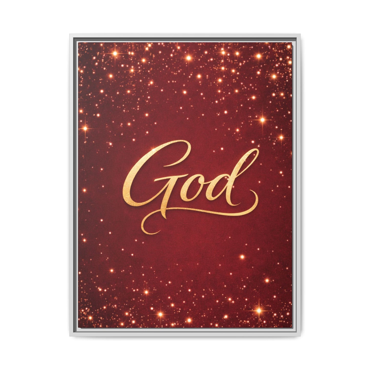 Framed Canvas Wall Art - "God" Gold Script on Red Sparkle Background