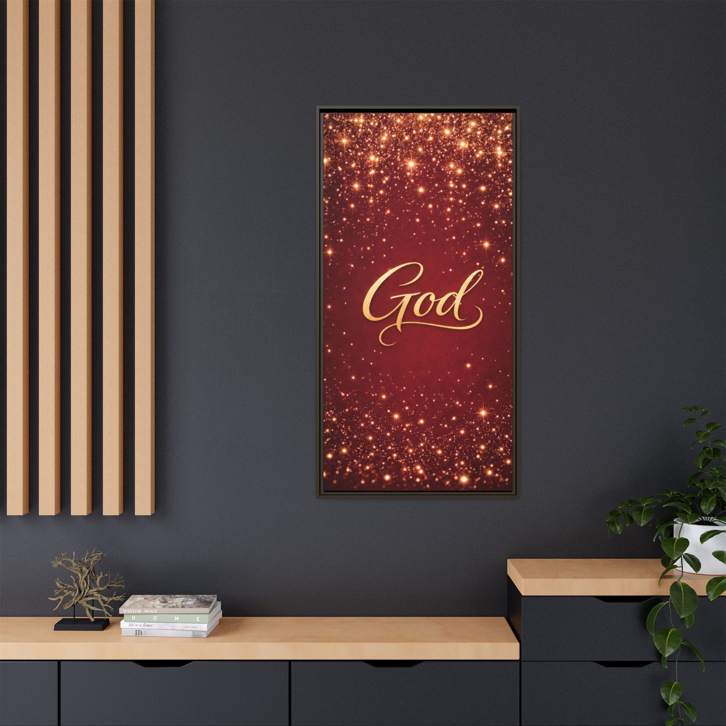 Framed Canvas Wall Art - "God" Gold Script on Red Sparkle Background