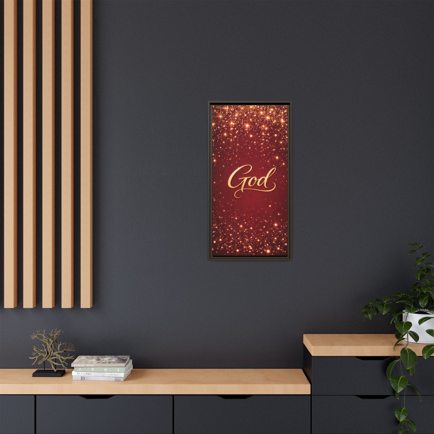 Framed Canvas Wall Art - "God" Gold Script on Red Sparkle Background