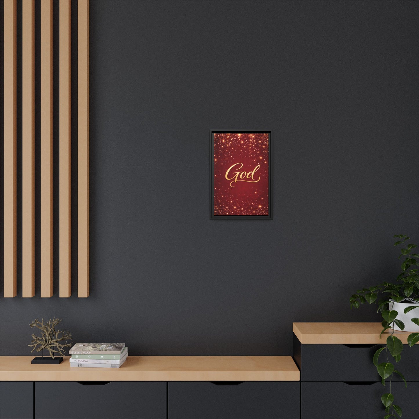 Framed Canvas Wall Art - "God" Gold Script on Red Sparkle Background