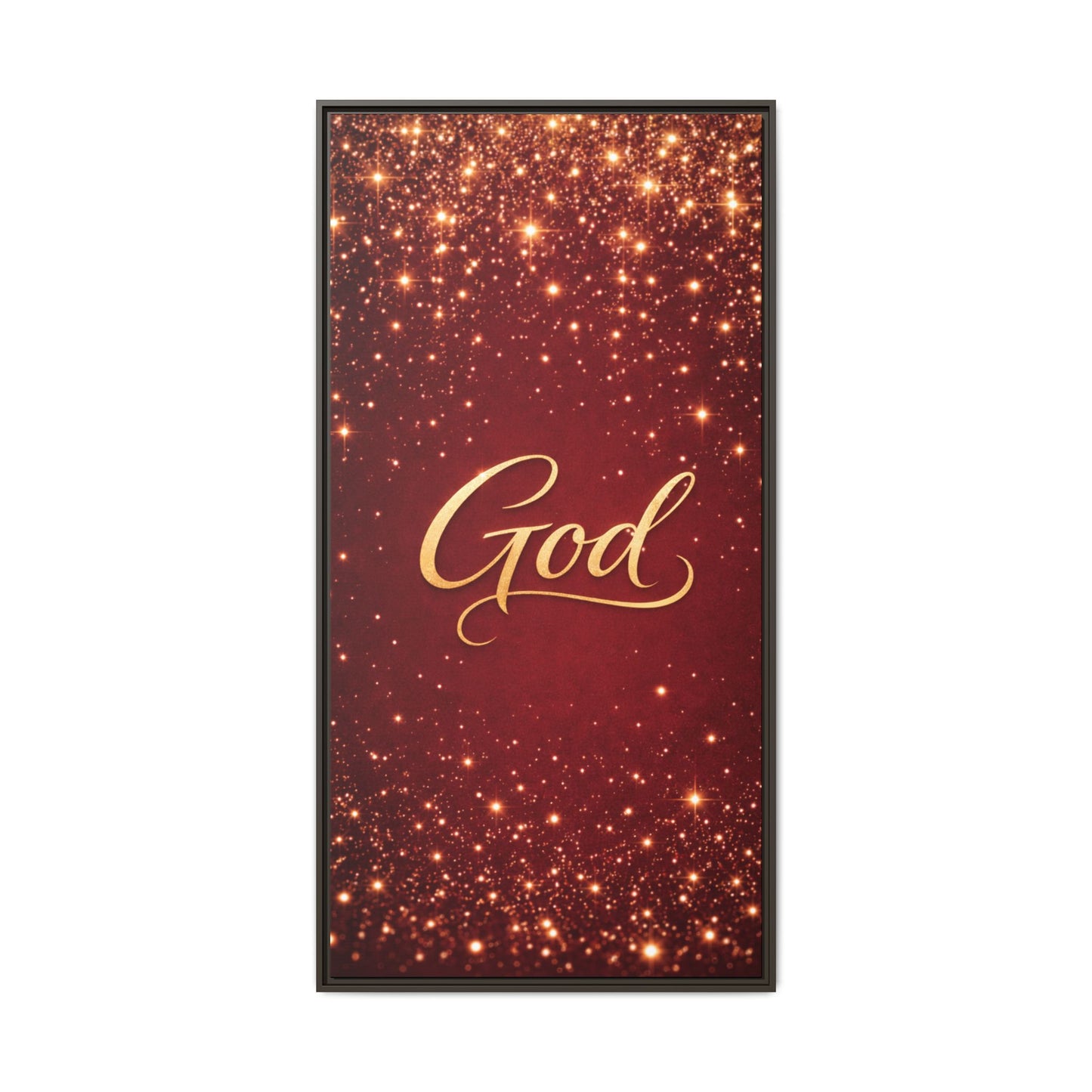 Framed Canvas Wall Art - "God" Gold Script on Red Sparkle Background