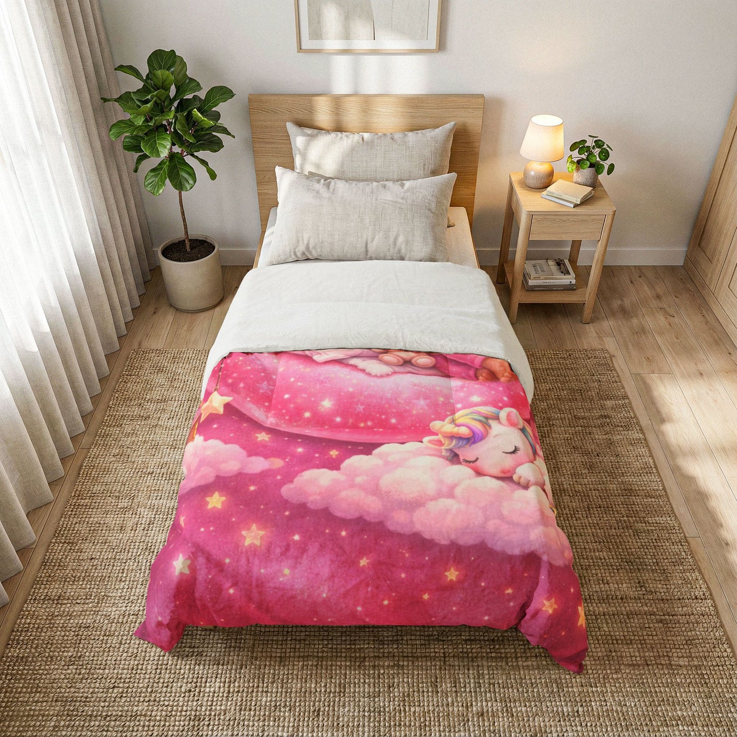 Sleeping Girl on Moon comforter | Pink Unicorn Cloud Nursery blanket