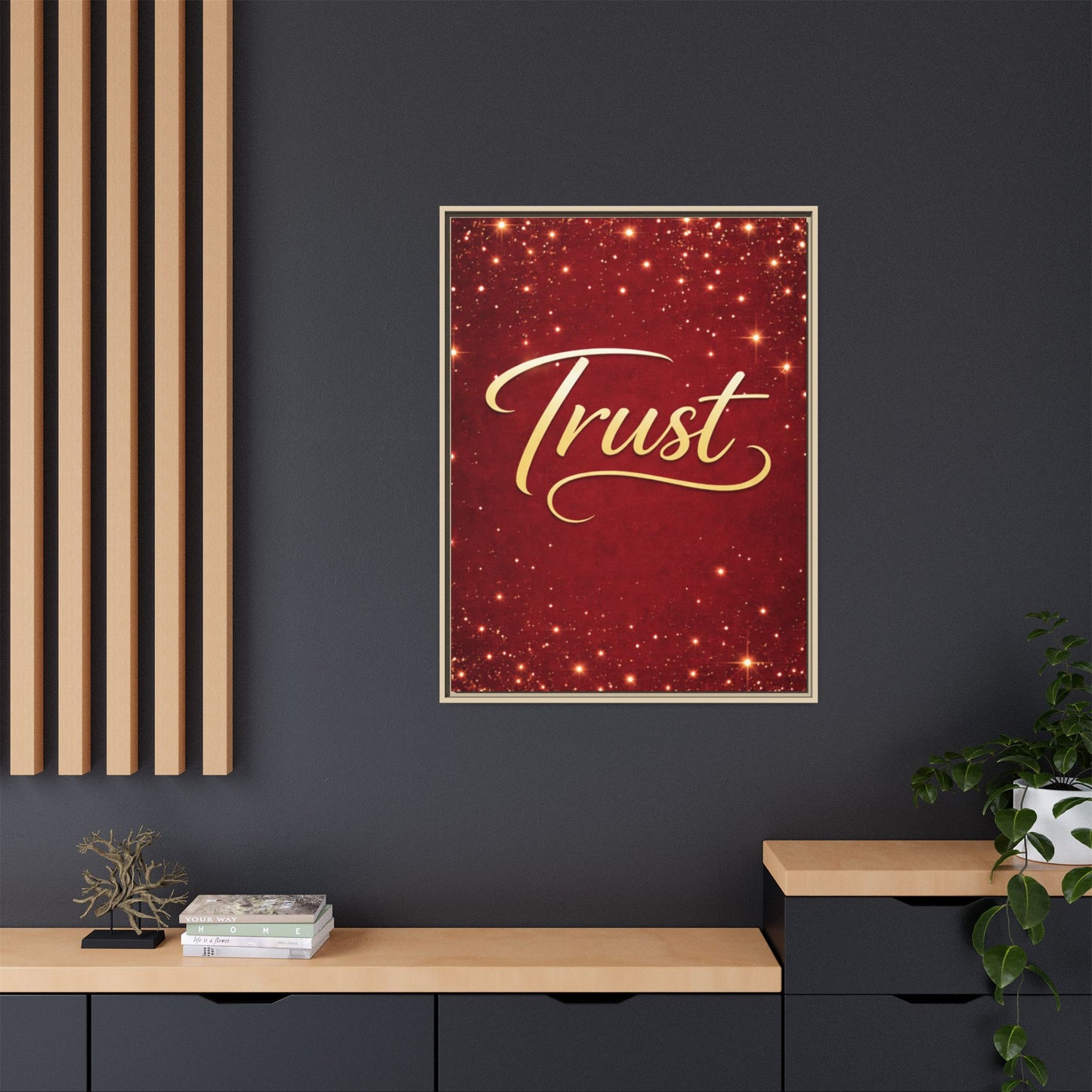 Trust Framed Canvas Wall Art — Gold Script on Sparkling Red Matte