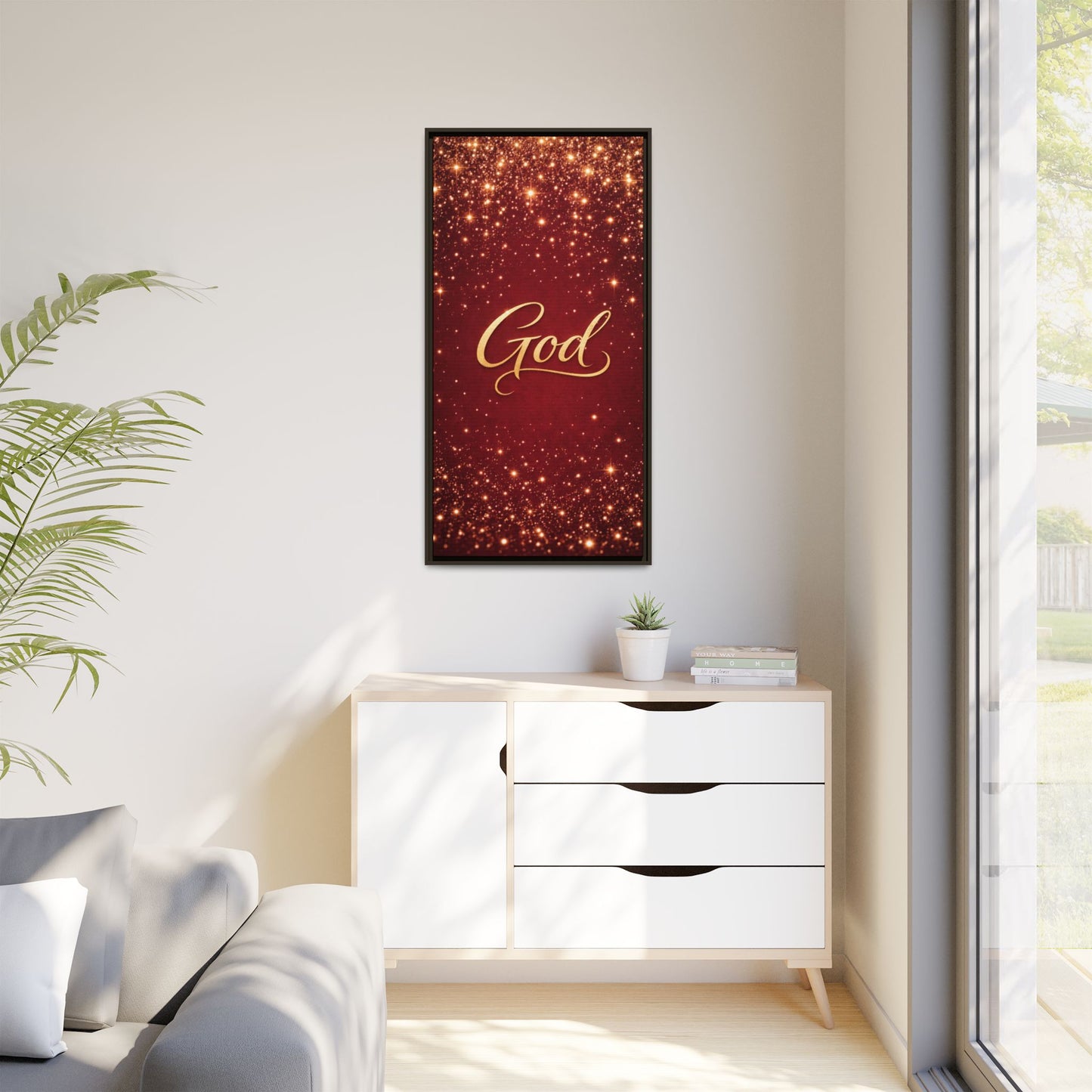 Framed Canvas Wall Art - "God" Gold Script on Red Sparkle Background