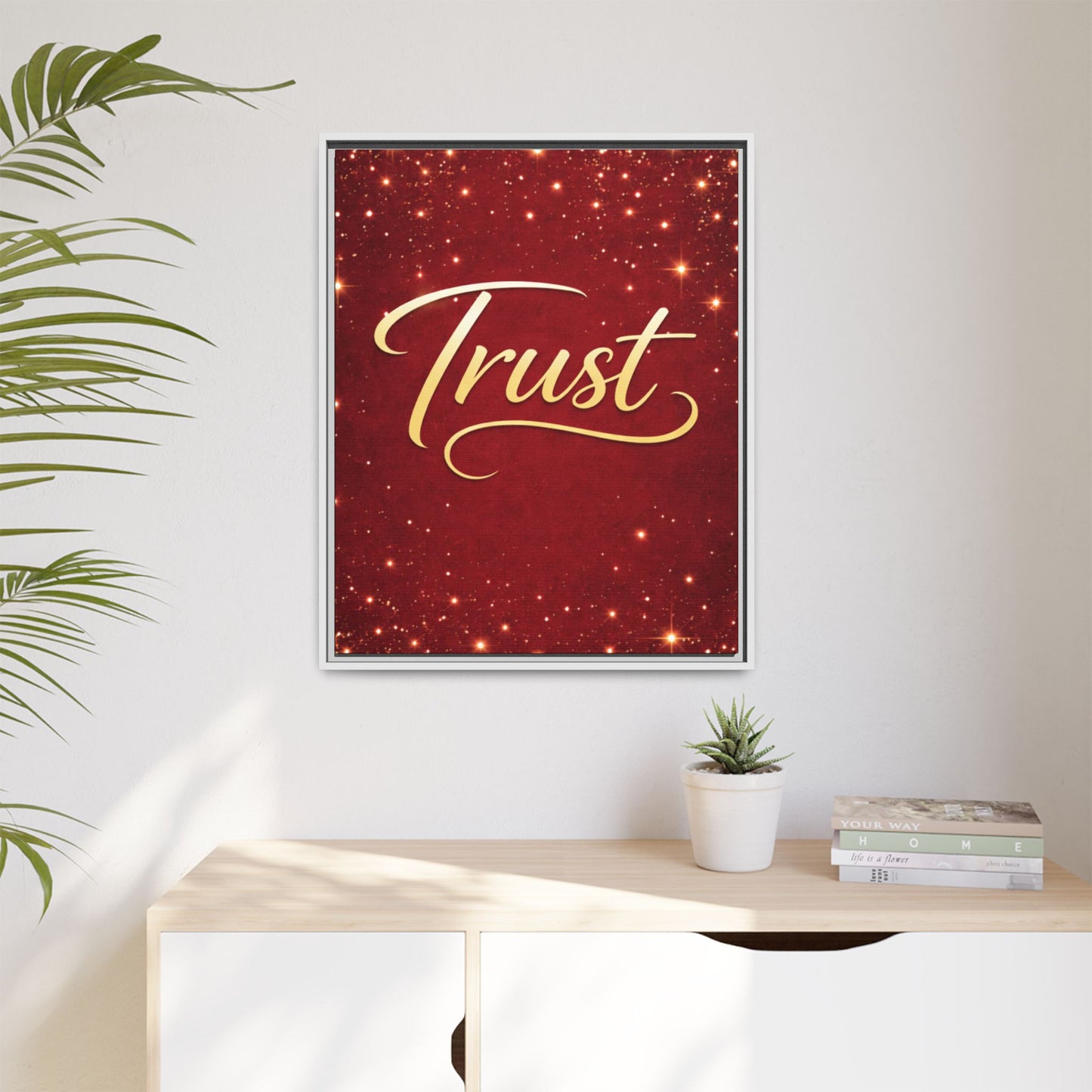 Trust Framed Canvas Wall Art — Gold Script on Sparkling Red Matte