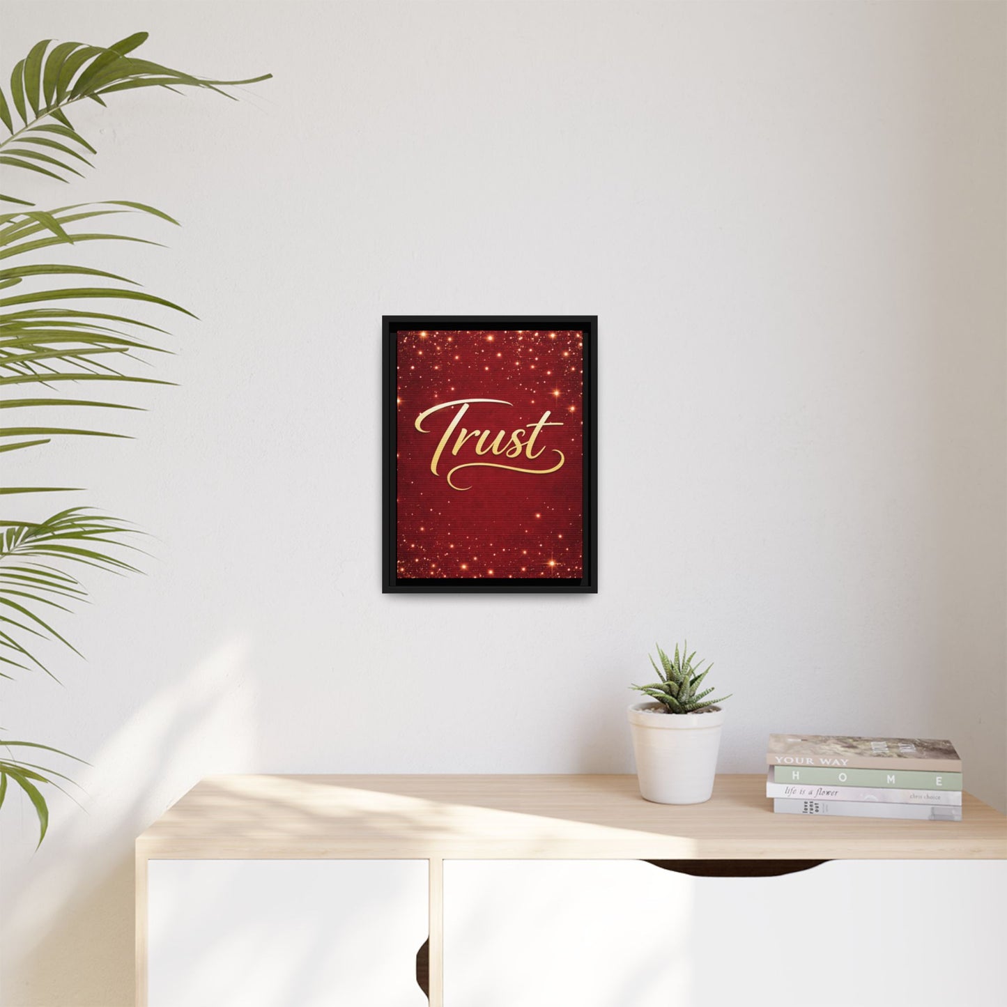 Trust Framed Canvas Wall Art — Gold Script on Sparkling Red Matte