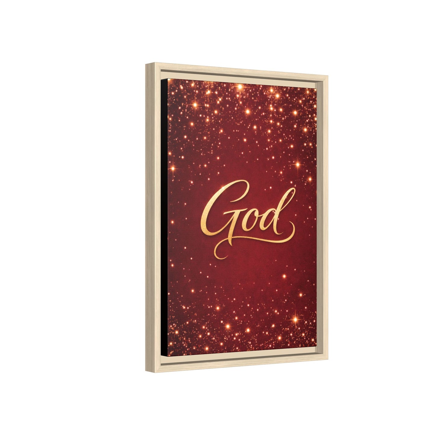 Framed Canvas Wall Art - "God" Gold Script on Red Sparkle Background