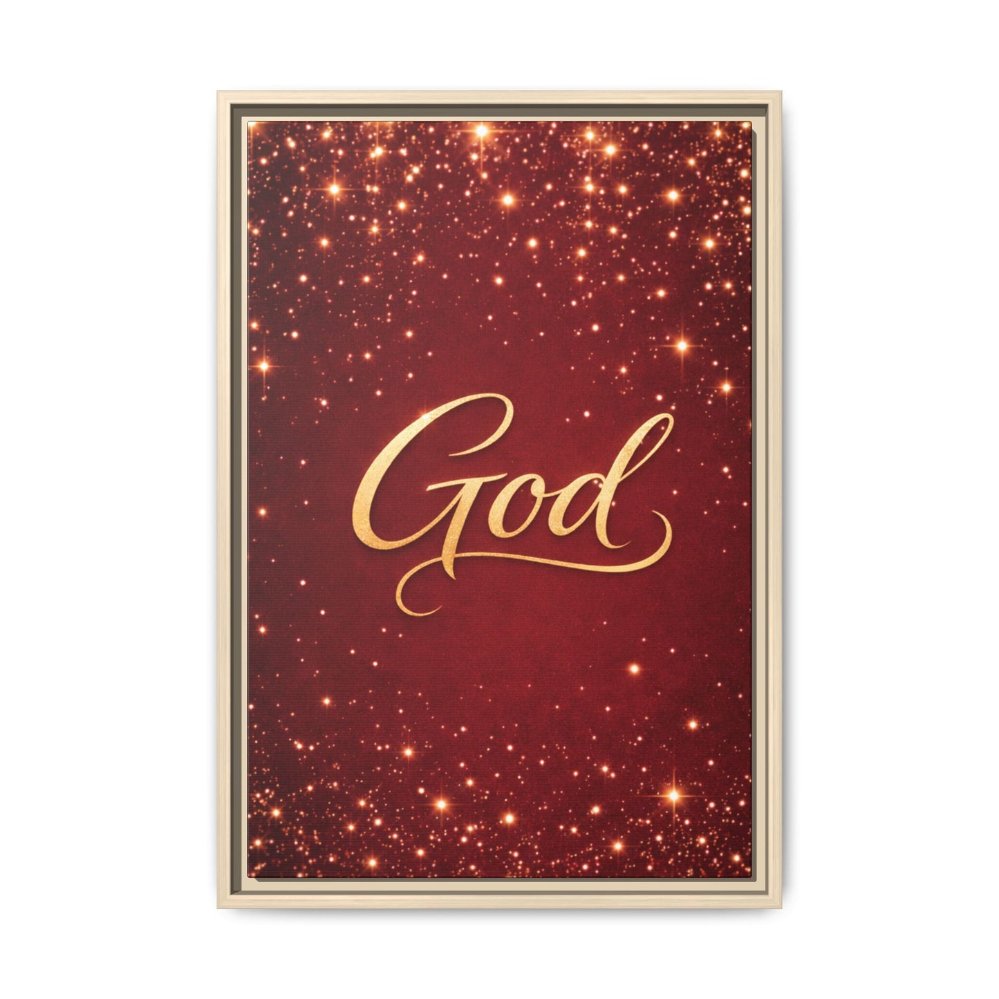 Framed Canvas Wall Art - "God" Gold Script on Red Sparkle Background