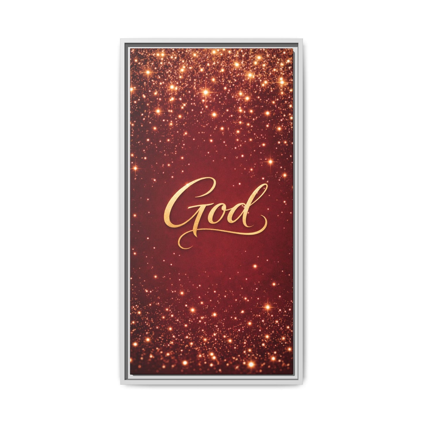 Framed Canvas Wall Art - "God" Gold Script on Red Sparkle Background