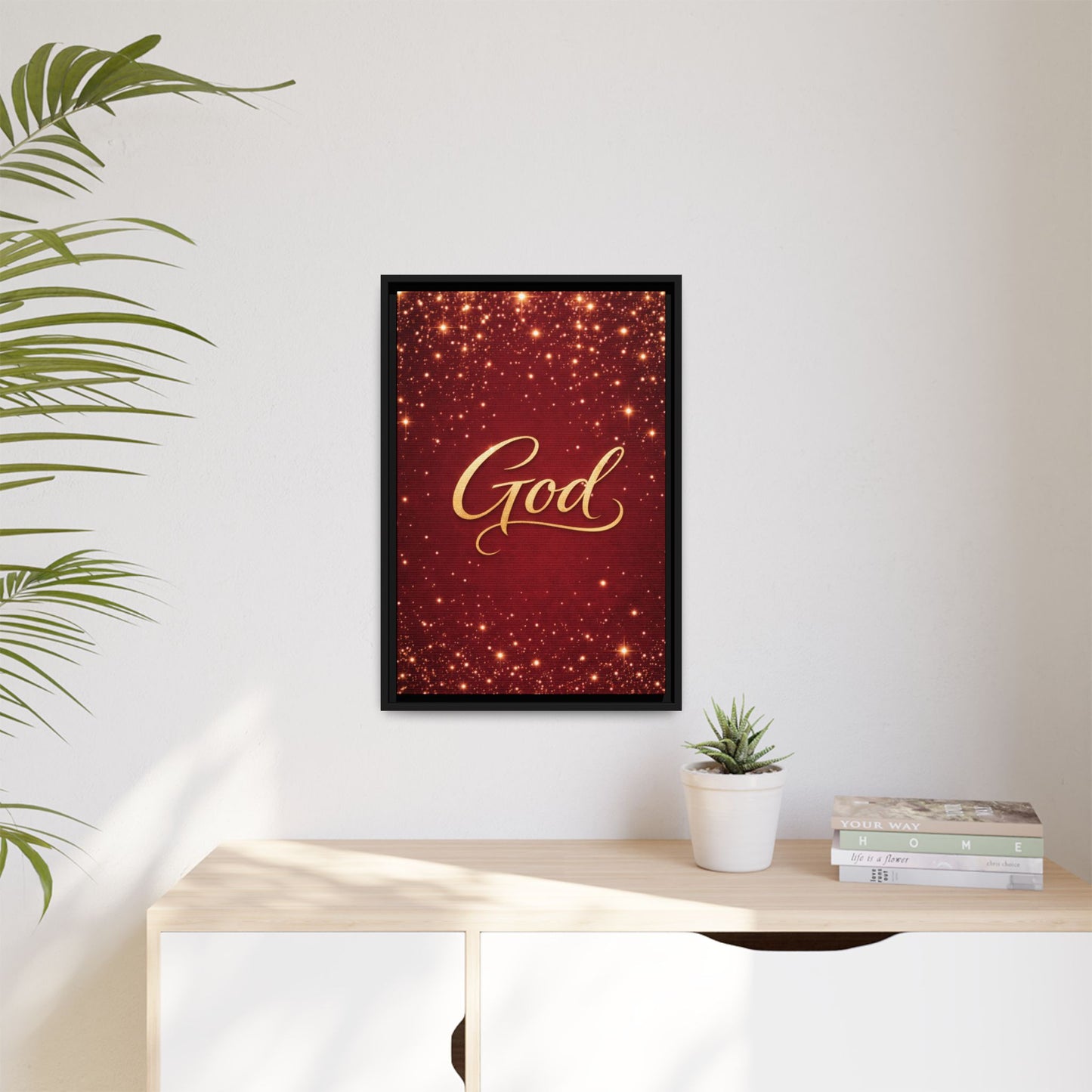 Framed Canvas Wall Art - "God" Gold Script on Red Sparkle Background