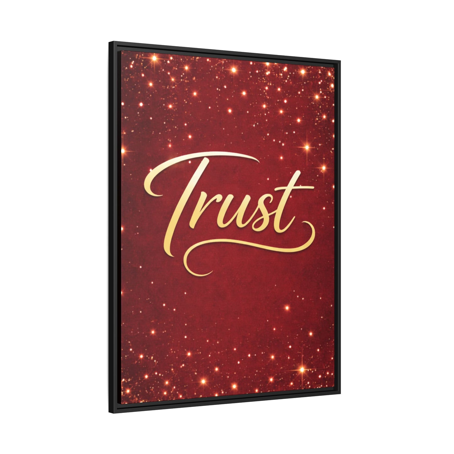 Trust Framed Canvas Wall Art — Gold Script on Sparkling Red Matte