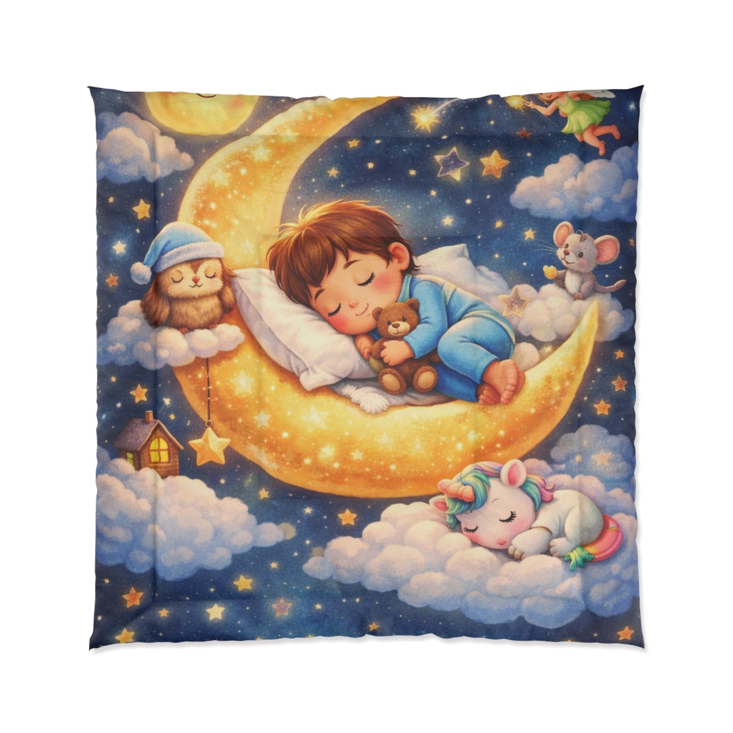 Sleeping Child on Moon comforter | Cute Nursery Starry Night Bedding