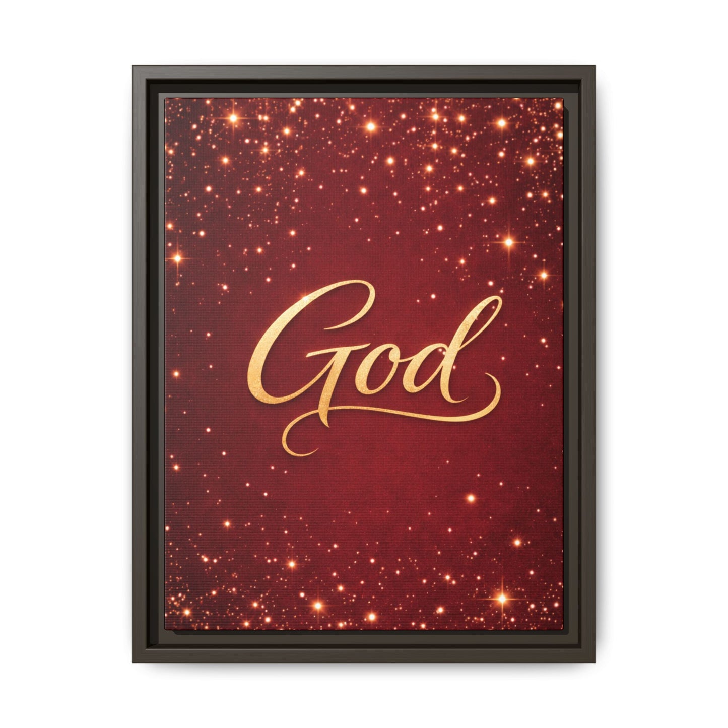 Framed Canvas Wall Art - "God" Gold Script on Red Sparkle Background