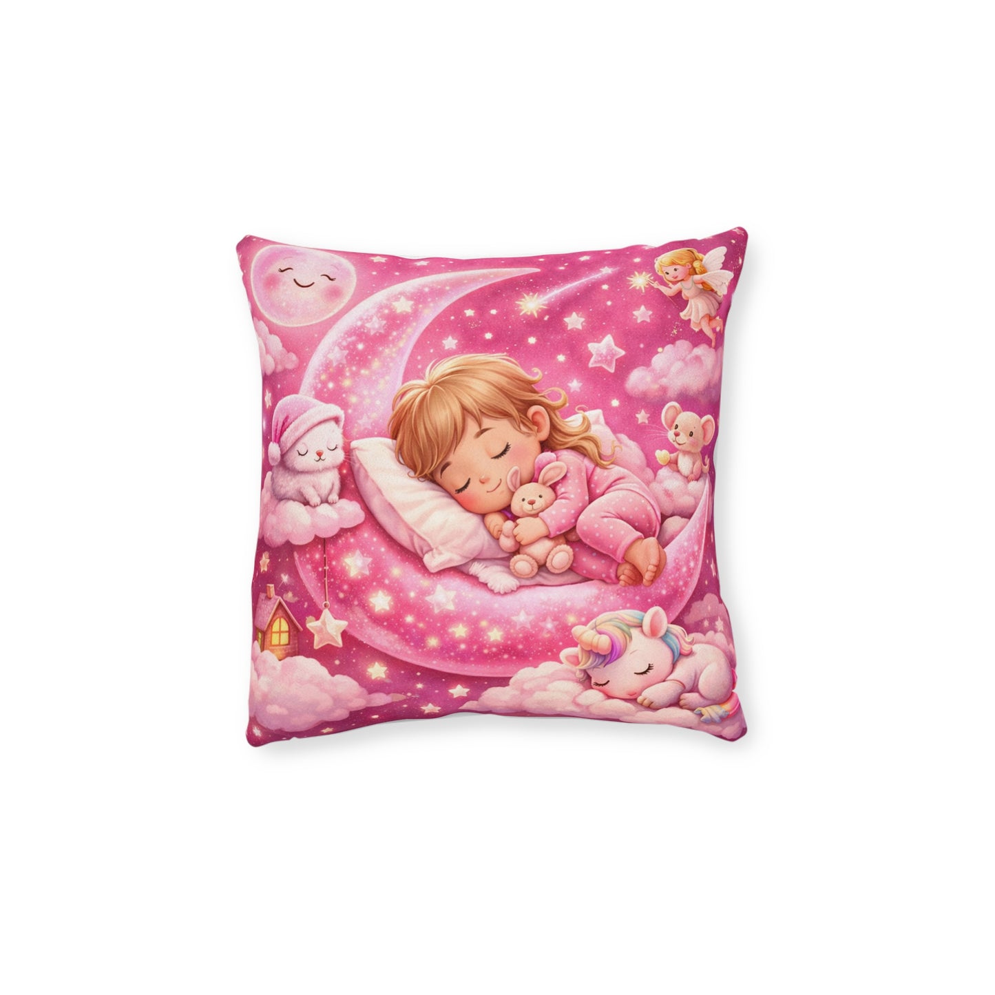 Sleeping Girl on Moon Pillow | Pink Nursery Decorative Pillow