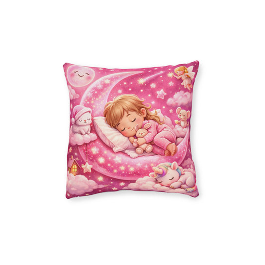 Sleeping Girl on Moon Pillow | Pink Nursery Decorative Pillow