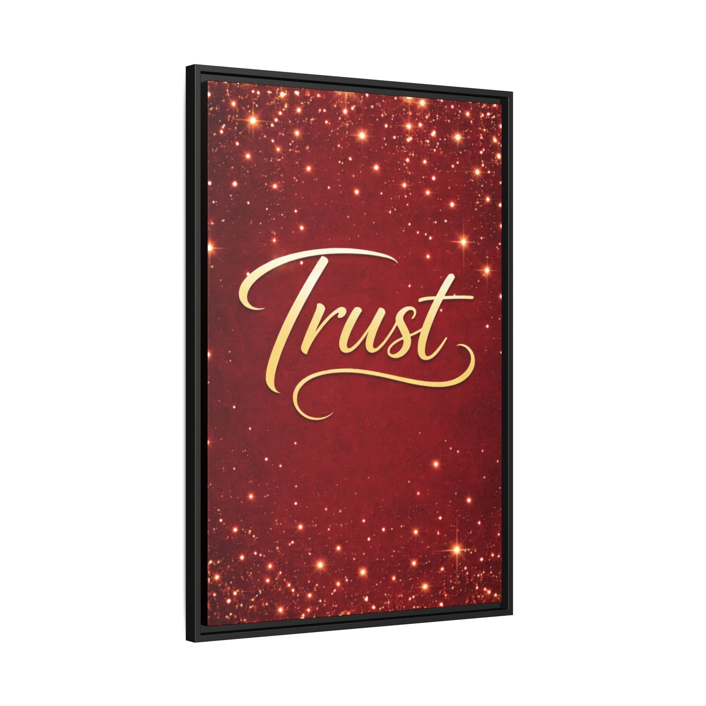 Trust Framed Canvas Wall Art — Gold Script on Sparkling Red Matte