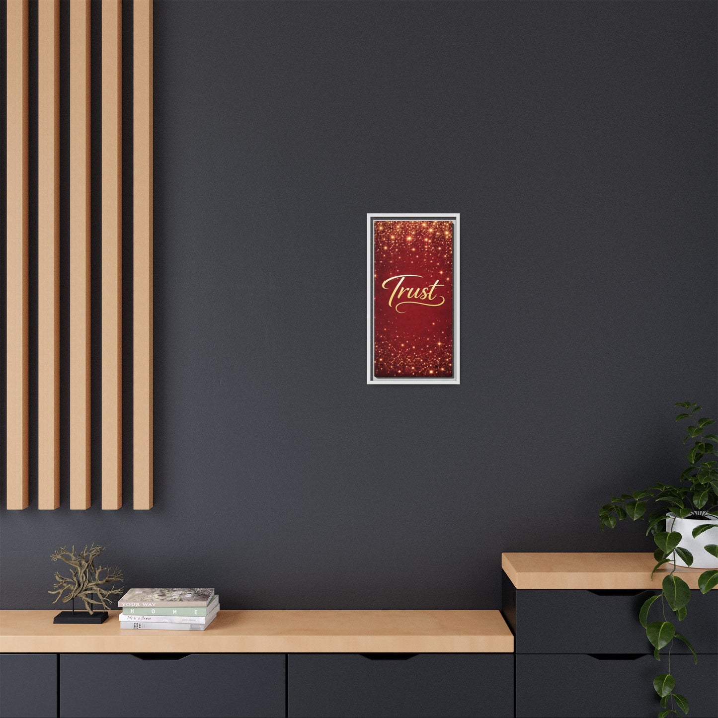 Trust Framed Canvas Wall Art — Gold Script on Sparkling Red Matte
