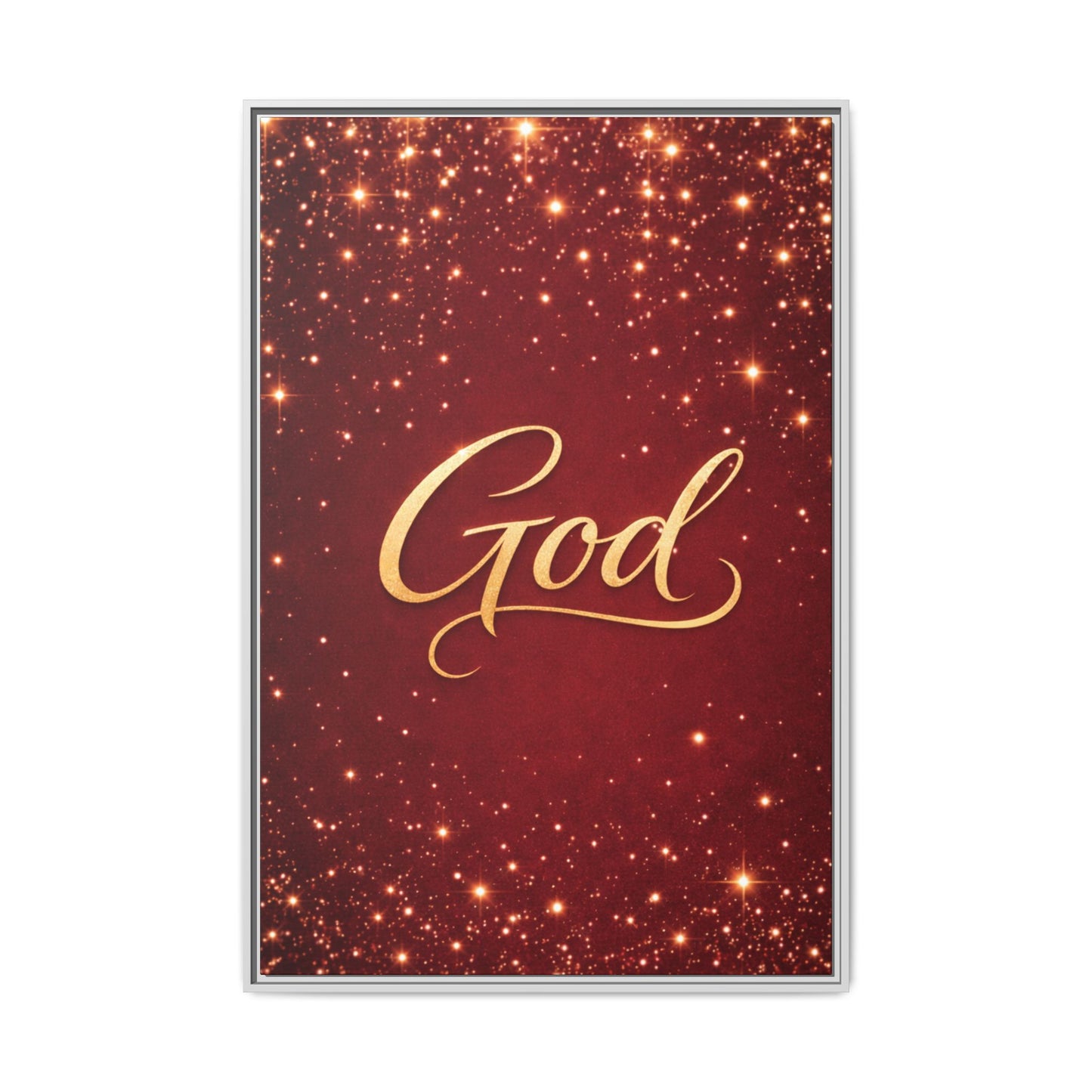 Framed Canvas Wall Art - "God" Gold Script on Red Sparkle Background