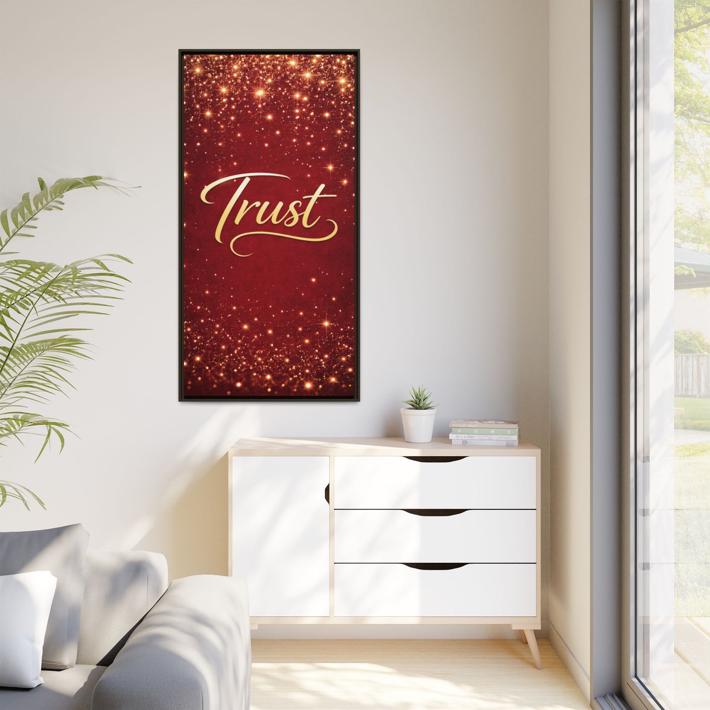 Trust Framed Canvas Wall Art — Gold Script on Sparkling Red Matte
